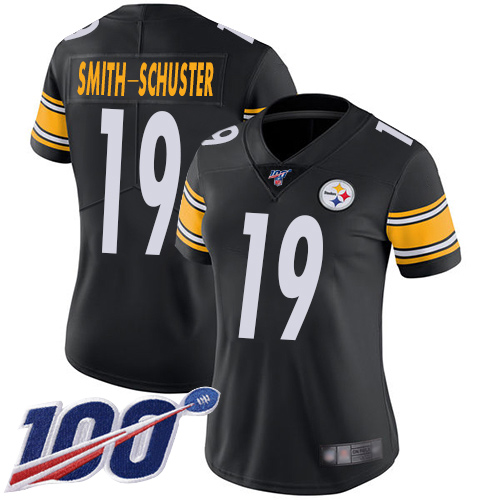 Women Pittsburgh Steelers Football #19 Limited Black JuJu Smith Schuster Home 100th Season Vapor Untouchable Nike NFL Jersey->youth nfl jersey->Youth Jersey